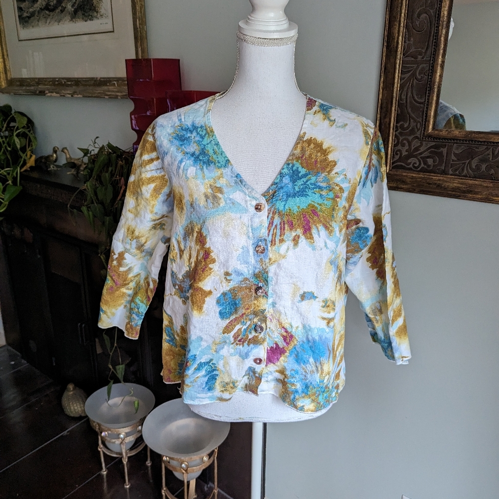 Click by Color Me Cotton M Button Up HiLow Top 3/4 Sleeve 100% Linen Tie Dye 119